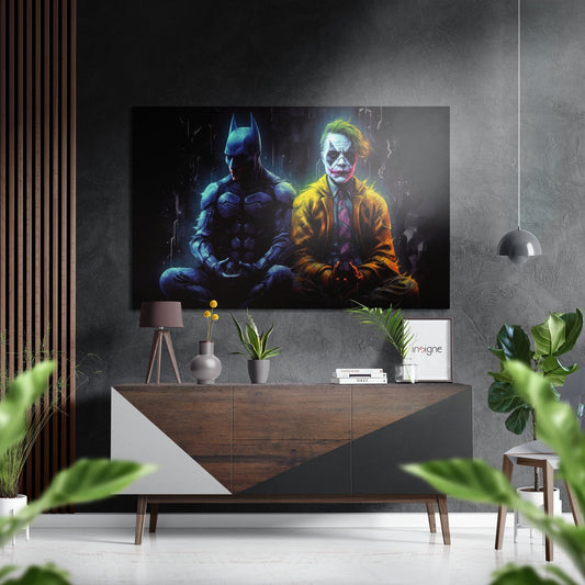 Modern living room with "Making Peace" metal wall art displaying Batman and Joker characters above wooden console table with plants.