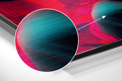 Abstract graphic design featuring a large circular sphere with teal and magenta gradient, white border, and directional arrow on vibrant pink and red background.