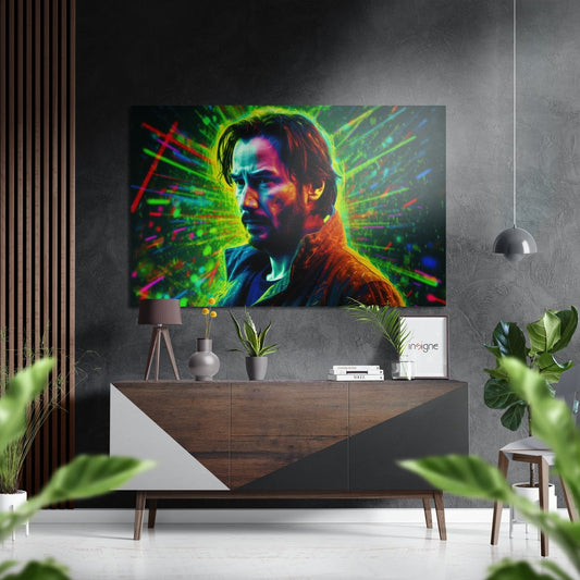 Neon-colored portrait of man in profile displayed above wooden sideboard in modern living room with plants and pendant lamp.
