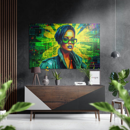 Vibrant pop art portrait of woman wearing sunglasses displayed above wooden console table in modern interior.