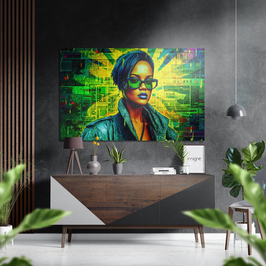 Vibrant pop art portrait of woman wearing sunglasses displayed above wooden console table in modern interior.