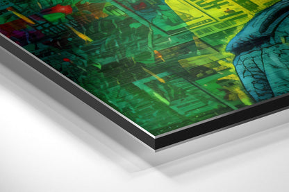 Angled close-up of layered aluminum dibond wall art showing vibrant green, yellow, and blue abstract design with metallic edge detail.