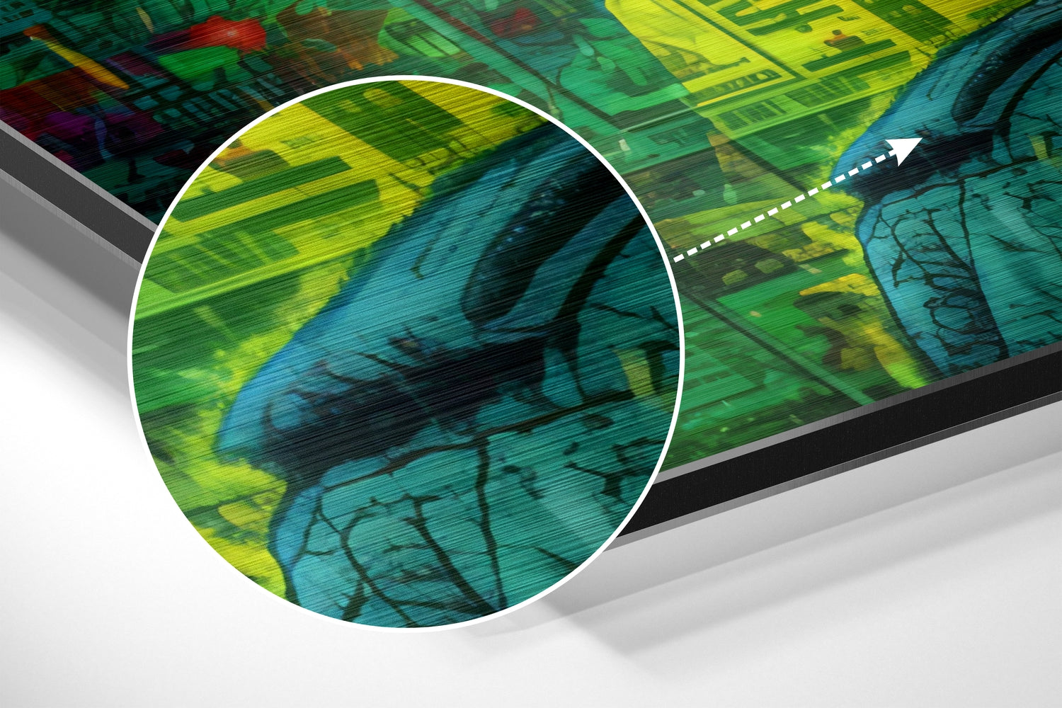 Angled view of Cool Girl brushed aluminum wall art showing vibrant blue and green abstract design with magnified circular detail highlighting texture and color transitions.