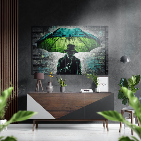 Modern interior with figure holding neon green and teal umbrella displayed on gray textured wall above wooden console table.