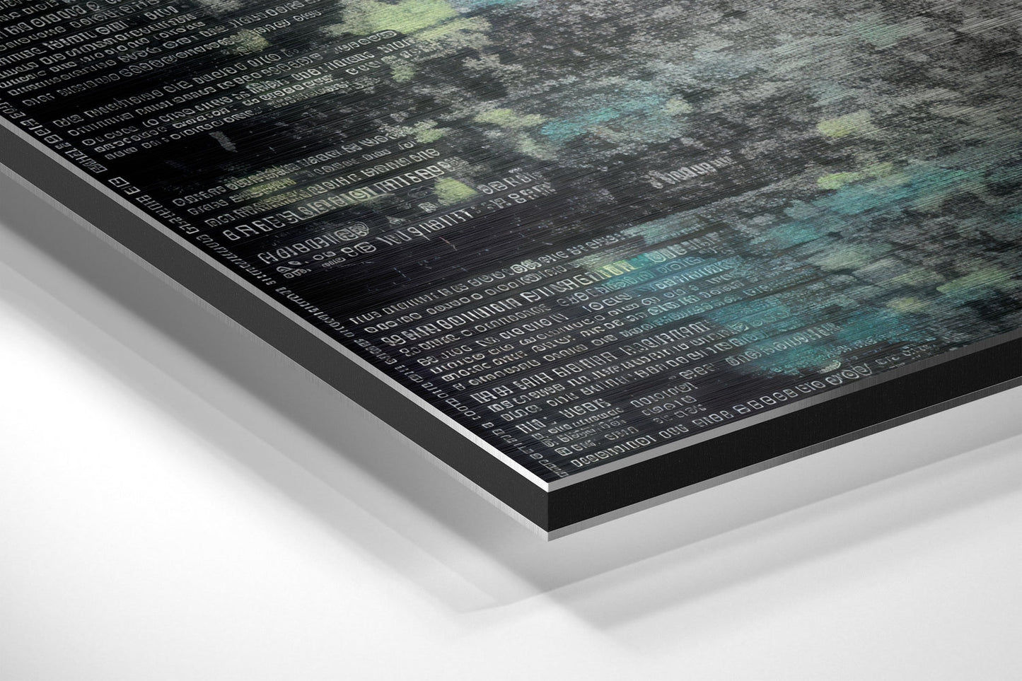 Angled perspective view of brushed aluminum Dibond wall art displaying binary code and data visualization with teal and green accents on dark background.