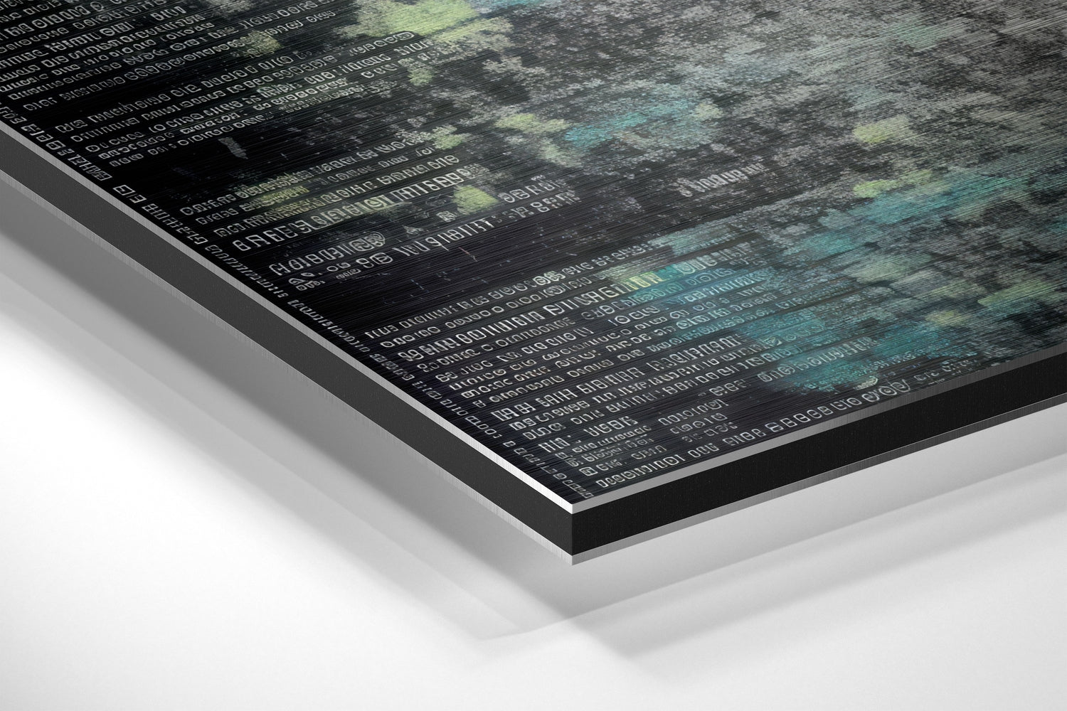 Angled perspective view of brushed aluminum Dibond wall art displaying binary code and data visualization with teal and green accents on dark background.