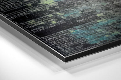 Angled perspective view of brushed aluminum Dibond wall art displaying binary code and data visualization with teal and green accents on dark background.