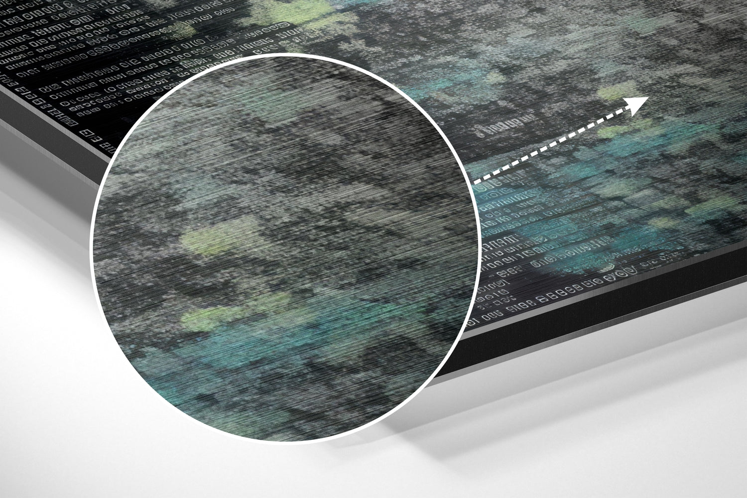 Close-up detail of brushed aluminum Dibond wall art showing textured surface with teal and grey streaked patterns and digital code overlay.