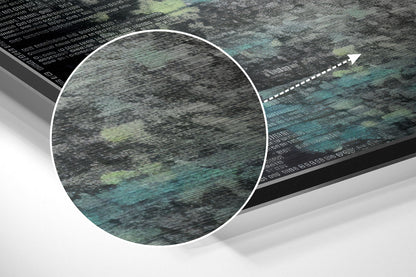 Close-up detail of brushed aluminum Dibond wall art showing textured surface with teal and grey streaked patterns and digital code overlay.