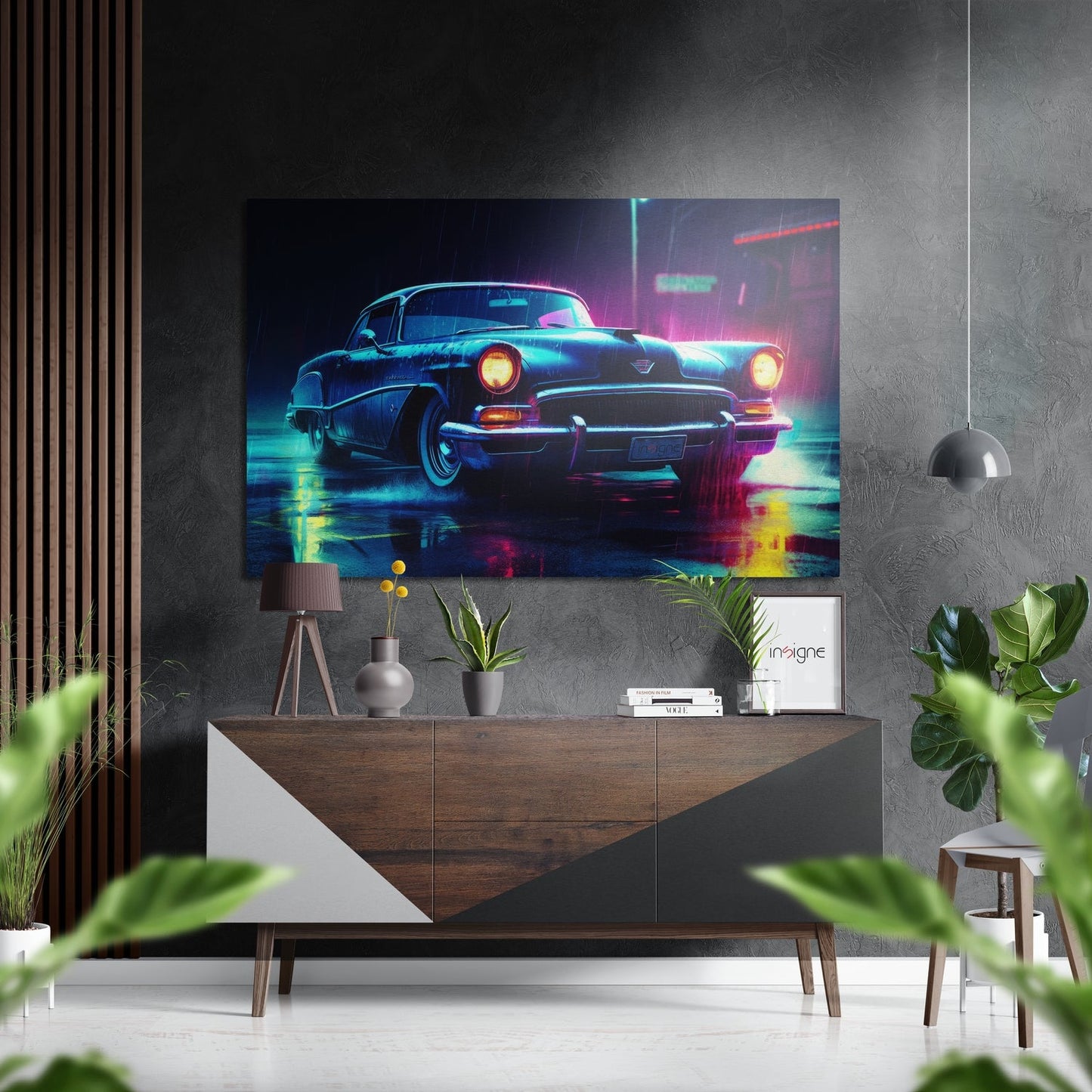 Vintage Coupe on Neon Rainy Street Brushed Aluminum Dibond Wall Art