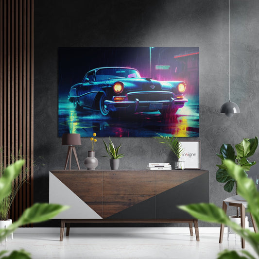 Neon-lit vintage coupe artwork displayed above wooden sideboard in modern interior with plants and pendant lamp.