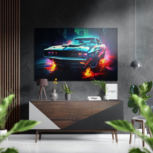 Neon-lit vintage muscle car with cyan and magenta glow displayed on wall above wooden console in modern interior setting.