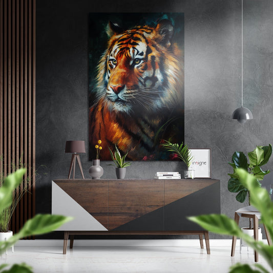 Tiger portrait canvas hanging above wooden console table in modern living room with potted plants and pendant lamp.