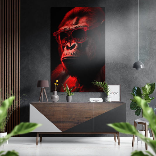 Red and black gorilla wearing sunglasses displayed above wooden console table in modern interior setting.