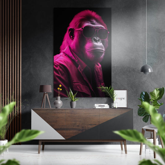 Hot pink and gray gorilla wearing sunglasses displayed above wooden dresser in modern living room setting.