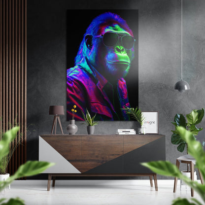 Neon Green Purple Gorilla In Shades Brushed Aluminum Dibond Wall Art