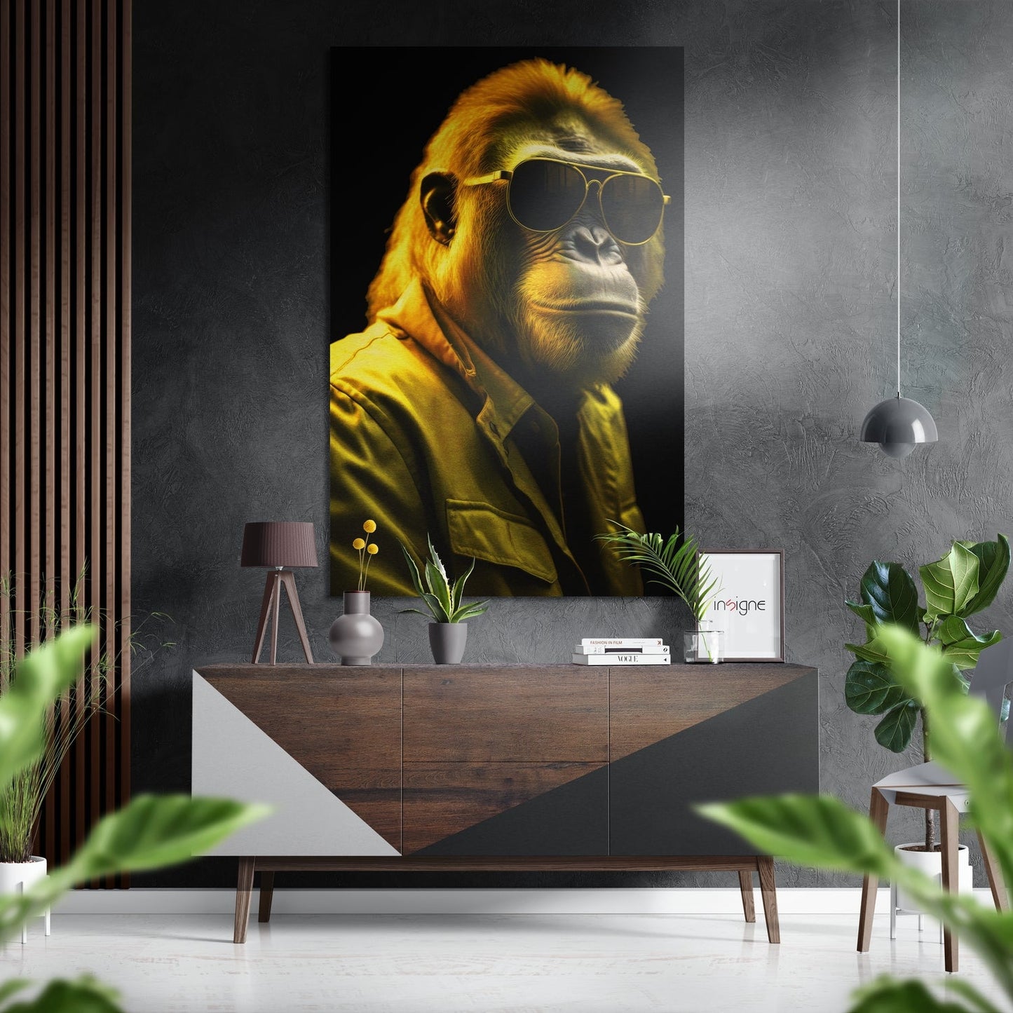 Golden Yellow Gorilla In Sunglasses Brushed Aluminum Dibond Wall Art