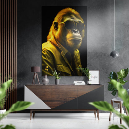 Golden Yellow Gorilla In Sunglasses Brushed Aluminum Dibond Wall Art