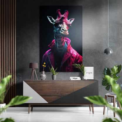 Neon Pink Giraffe in Magenta Coat Brushed Aluminum Dibond Wall Art
