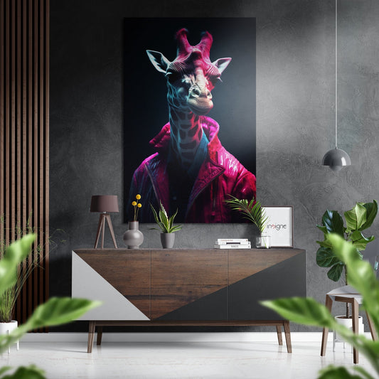 Neon pink and cyan giraffe wearing magenta jacket displayed on gray wall above wooden console in modern interior setting.