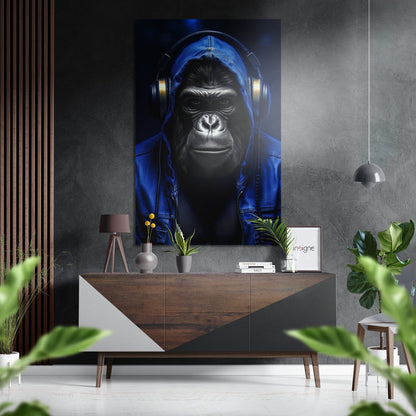 Blue Hoodie DJ Gorilla Aluminum Brushed Aluminum Dibond Wall Art