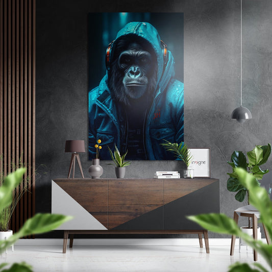 Modern interior displays dark teal hoodie gorilla artwork above wooden console table with potted plants and pendant lighting.