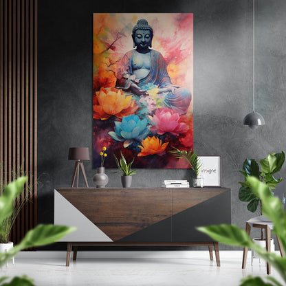Meditating Buddha with Lotus Blooms Brushed Aluminum Dibond Wall Art