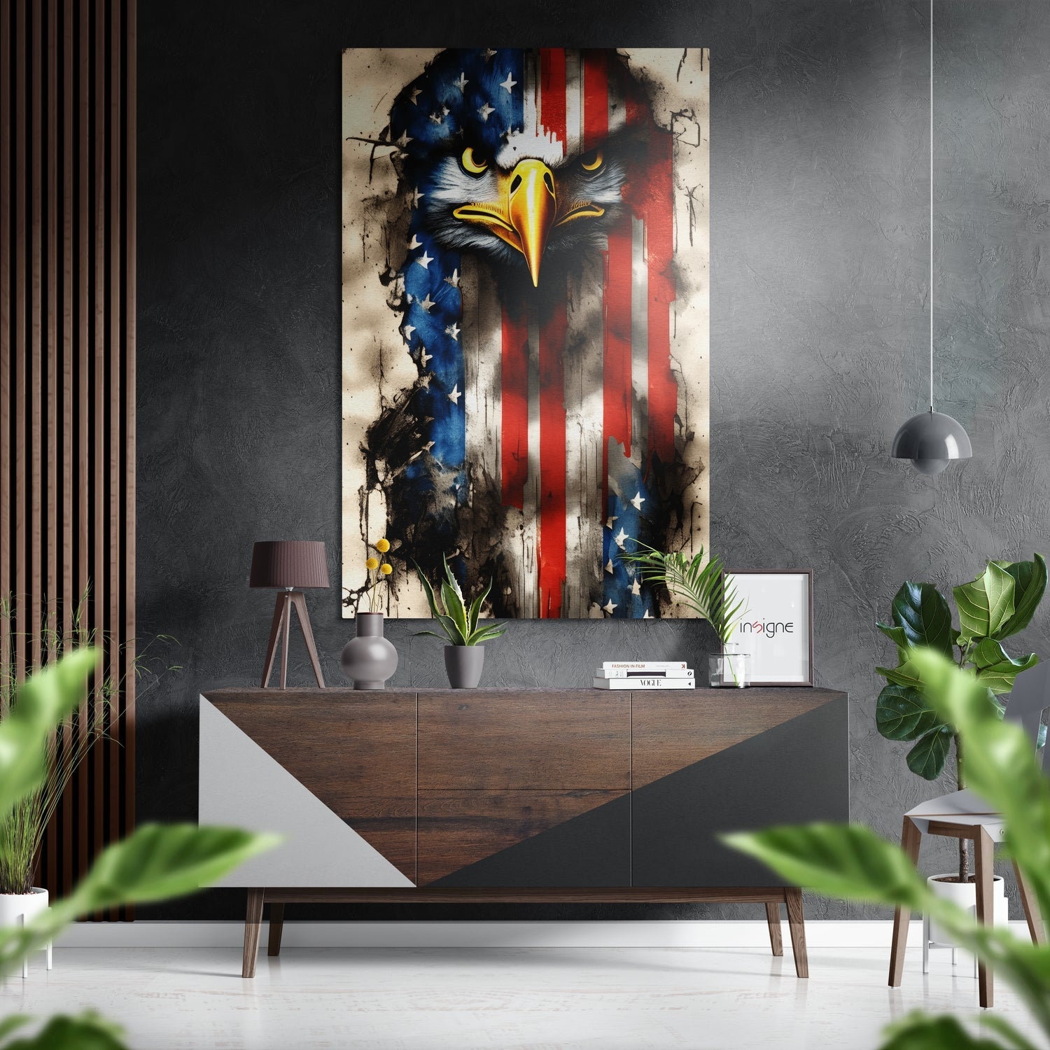 American eagle with yellow beak against distressed American flag background, displayed above wooden console table in modern interior setting.