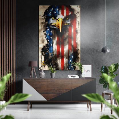 American eagle with yellow beak against distressed American flag background, displayed above wooden console table in modern interior setting.