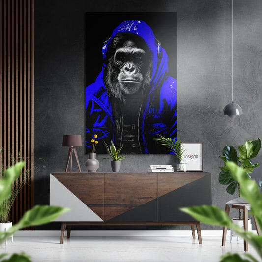 Modern living room featuring aluminum wall art of a chimpanzee wearing a blue hoodie and headphones against dark background.