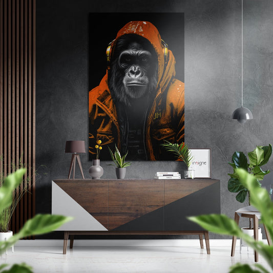 Chimpanzee wearing orange hoodie and headphones displayed as wall art above wooden dresser in modern interior setting.