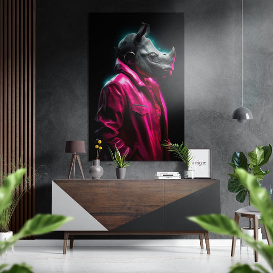 Modern interior with neon-lit rhino artwork in magenta jacket displayed above wooden console table with plants and accessories.