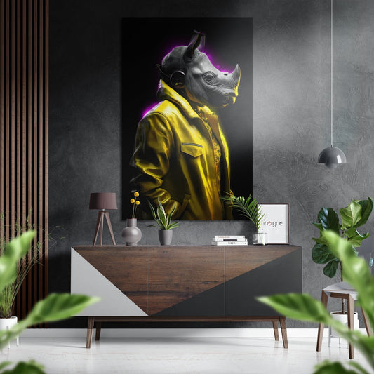 Modern interior showroom displaying yellow-jacketed rhino artwork with purple neon glow mounted above wooden console table with plants and decor.
