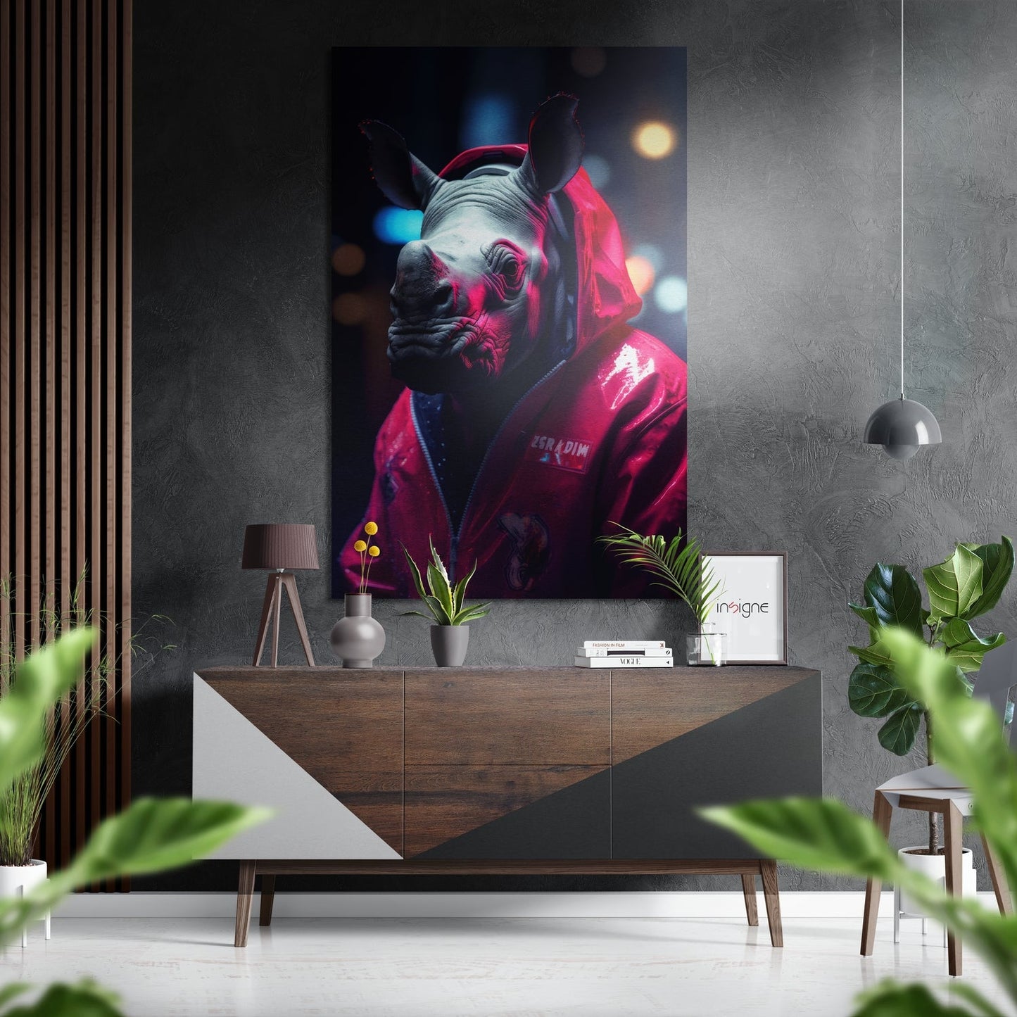 Red Bomber Jacket Rhino City Bokeh Brushed Aluminum Dibond Wall Art