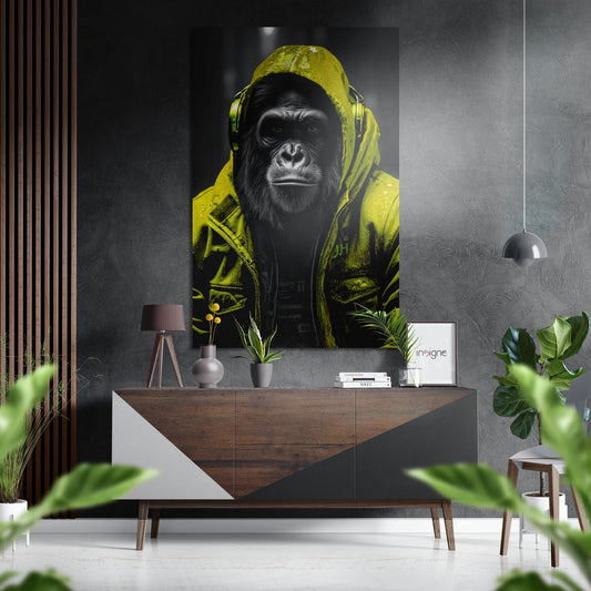 Black chimpanzee wearing yellow hoodie and headphones displayed on gray textured wall above wooden console table in modern interior setting.