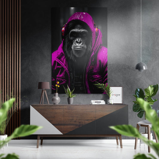 Modern interior with magenta and black DJ ape artwork displayed above wooden dresser with plants and pendant lighting.