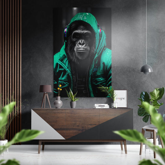 Emerald Hoodie DJ Ape wall art displayed above wooden dresser in modern interior with plants and pendant lamp.