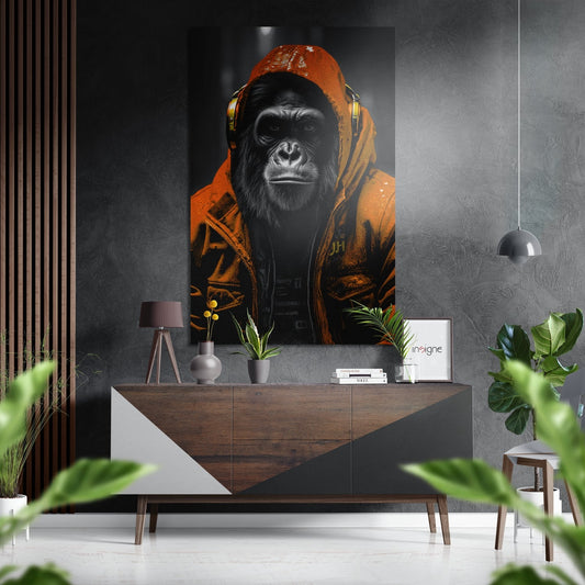 Chimpanzee wearing orange hoodie and gold headphones displayed on gray textured wall above wooden console table in modern interior setting.