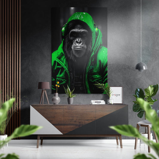 Neon green and black chimpanzee wearing hoodie and headphones displayed on dark gray wall above wooden console table in modern interior.