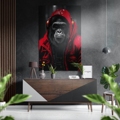 Red Hoodie Ape Portrait Aluminum Brushed Aluminum Dibond Wall Art