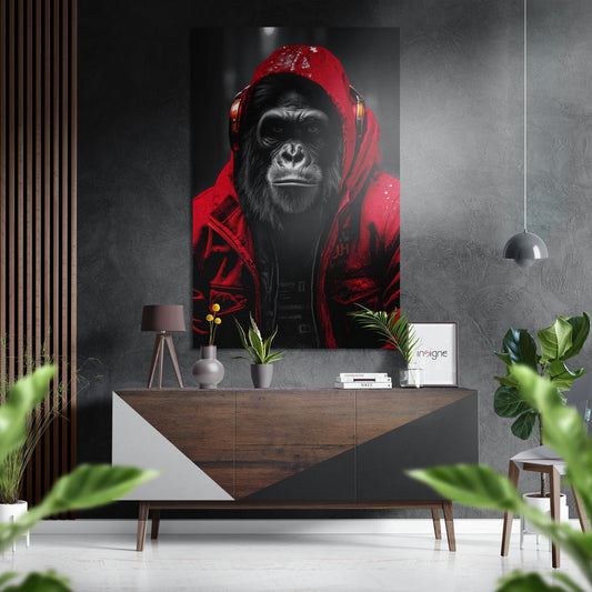 Chimpanzee wearing red hoodie and headphones displayed on gray textured wall above wooden dresser with plants and accessories.