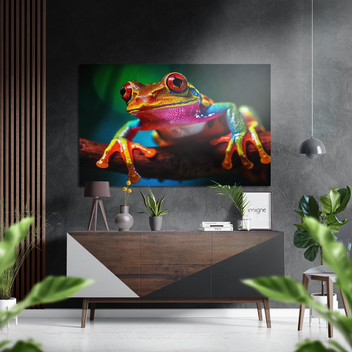 Vibrant rainbow frog wall art displayed above wooden dresser in modern living room setting with plants.