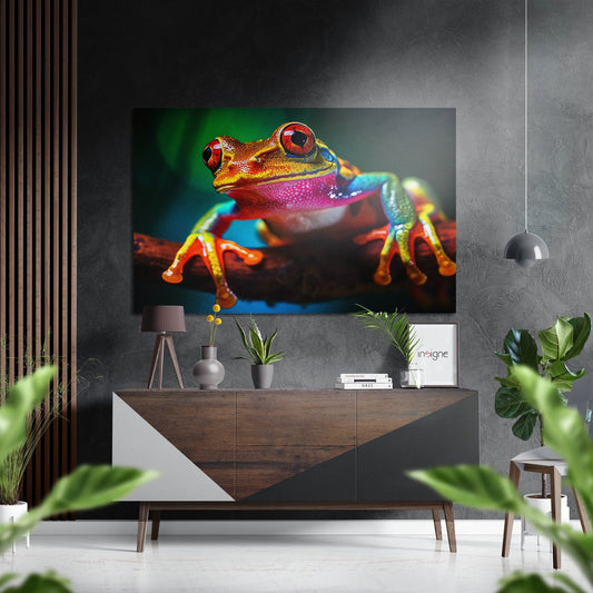 Vibrant rainbow frog wall art displayed above wooden dresser in modern living room setting with plants.