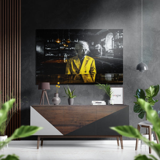 Yellow Blazer Professor At Dark Bar Brushed Aluminum Dibond Wall Art