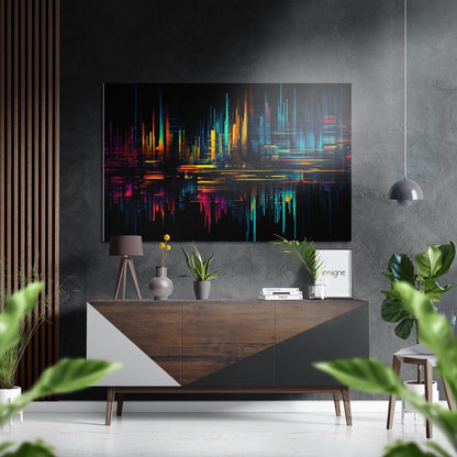 Neon Glitch City Skyline Bars Brushed Aluminum Dibond Wall Art