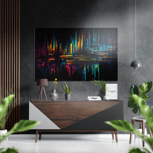 Modern living room with neon glitch cityscape artwork displayed above wooden sideboard with plants and decor.