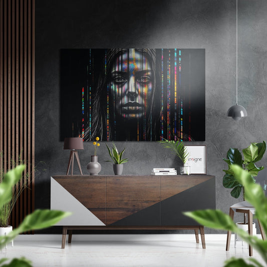 Modern living room interior with colorful digital portrait of woman displayed above wooden sideboard with plants and decor.