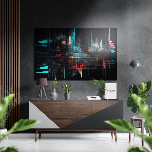 Modern living room with teal and orange glitch cityscape artwork displayed above wooden dresser with plants and decor.