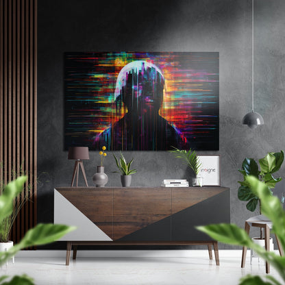 Vibrant digital glitch art portrait with neon rainbow horizontal streaks displayed above wooden credenza in modern interior setting.