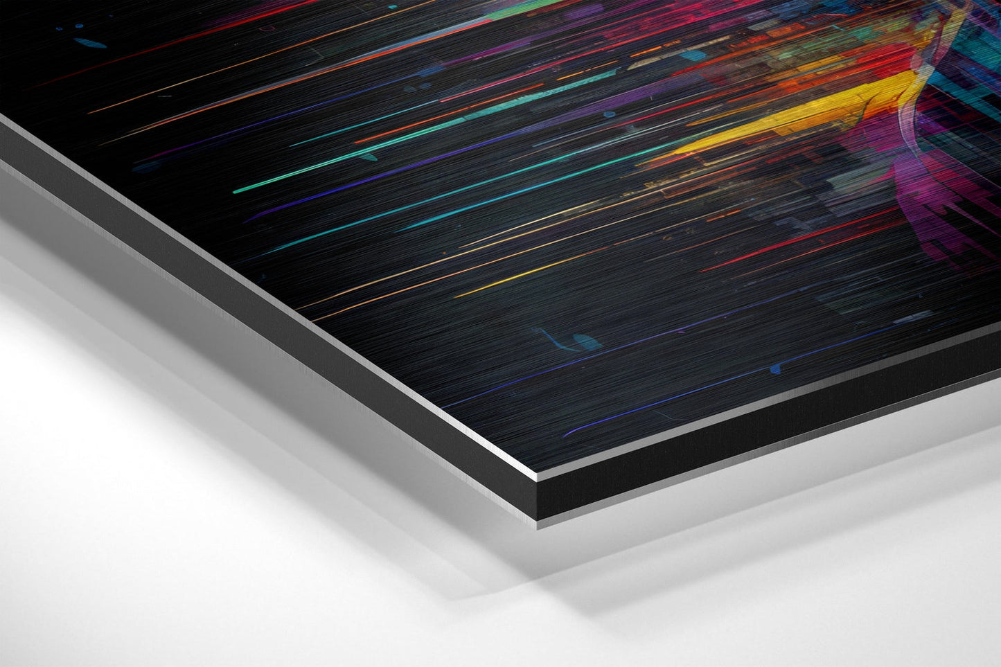 Angled perspective view of brushed aluminum Dibond wall art displaying colorful diagonal light streaks against dark textured background with visible layered edge.